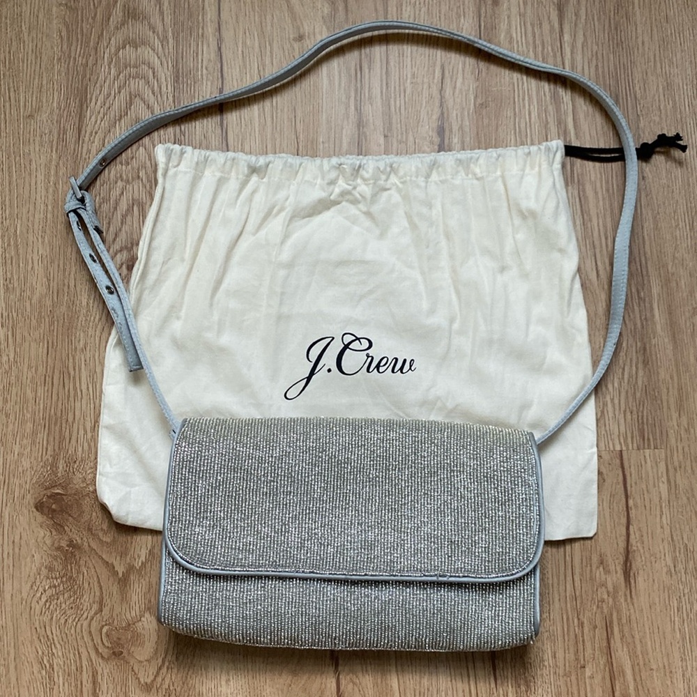 J. Crew Silver Beaded Convertible Clutch with Dust Bag - Party Ready Acc…